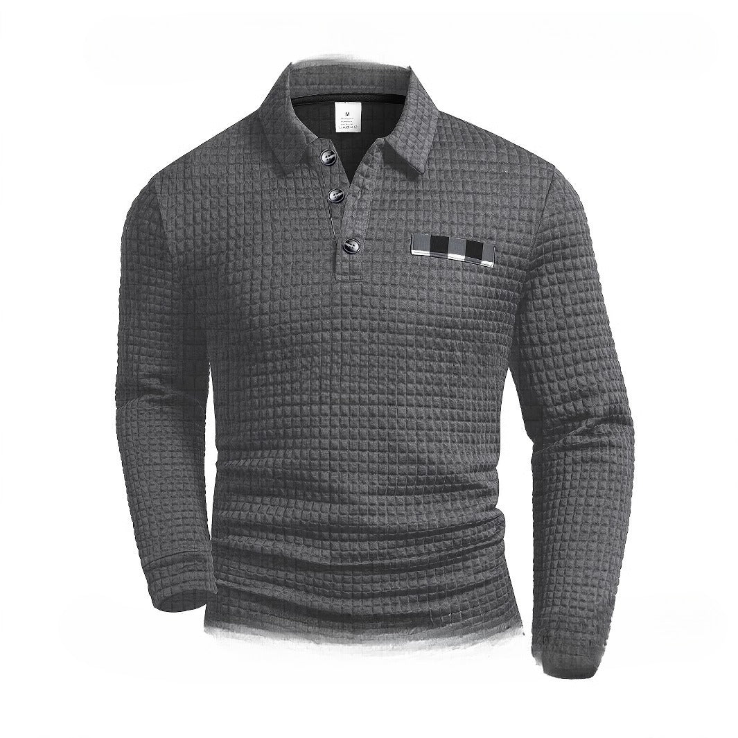Men's Long Sleeve Waffle Polo Sweater | Casual Printed All-Match Pullover