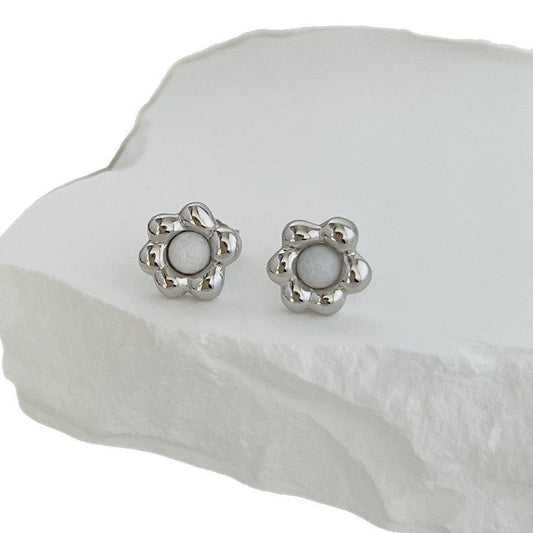 Silver Black Agate Flower Stud Earrings