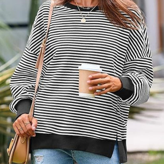 Waffle Knit Crewneck Split Pullover Sweater