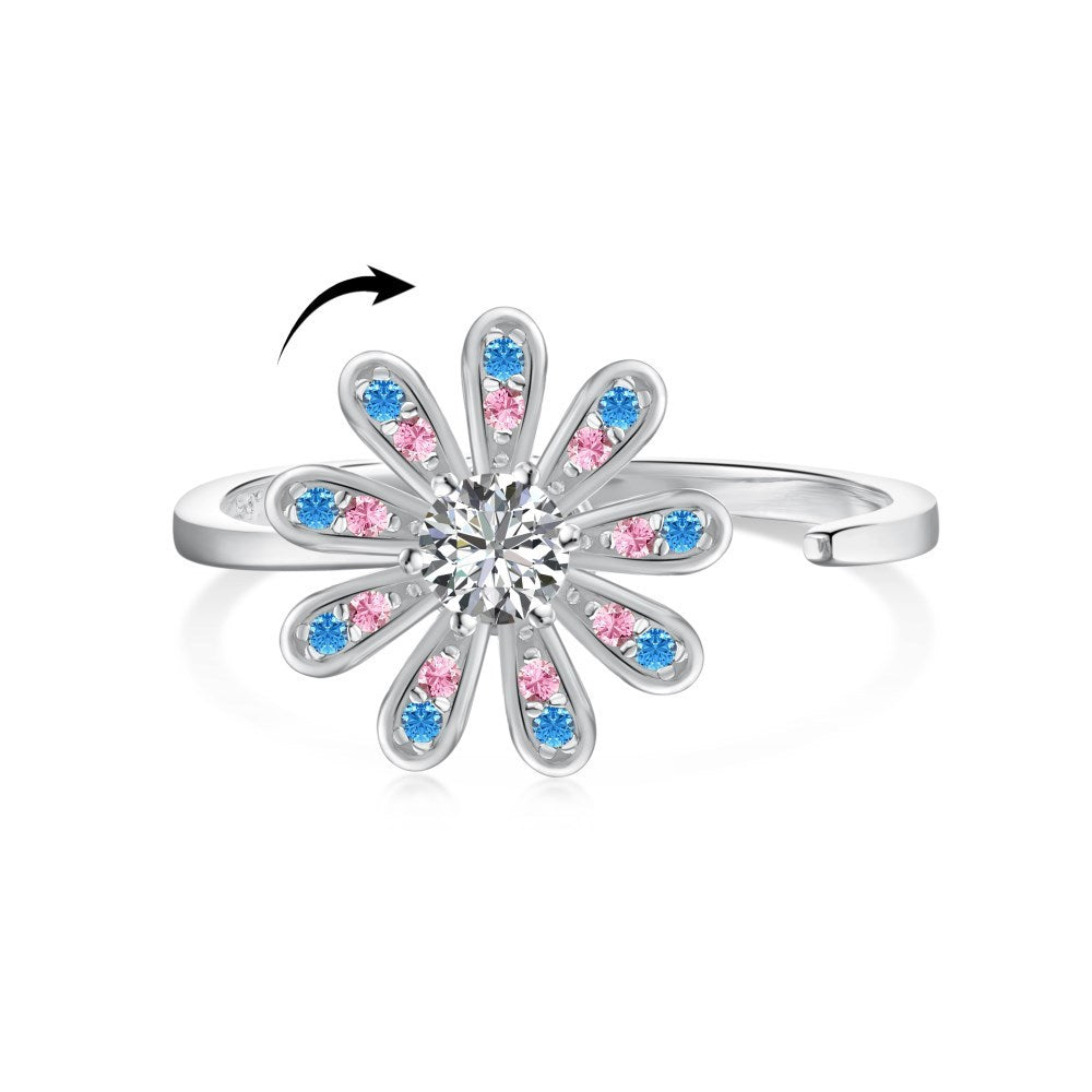 Sterling Silver Rotatable Flower Diamond Decompression Ring