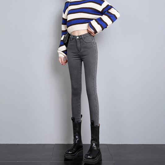 High-looking Smoky Gray High Waist Velvet Padded Jeans