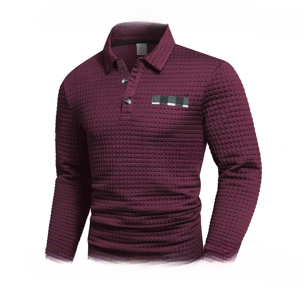 Men's Long Sleeve Waffle Polo Sweater | Casual Printed All-Match Pullover