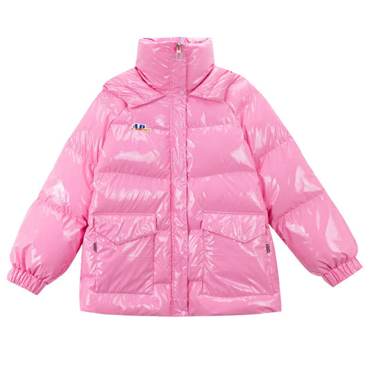 Pink Glossy Down Cotton-padded Jacket Women's Mid-length