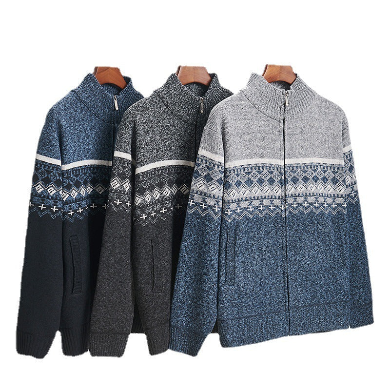 Velvet Thickening Sweater Men's Stand Collar Assorted Colors Retro Jacquard Knitted Cardigan