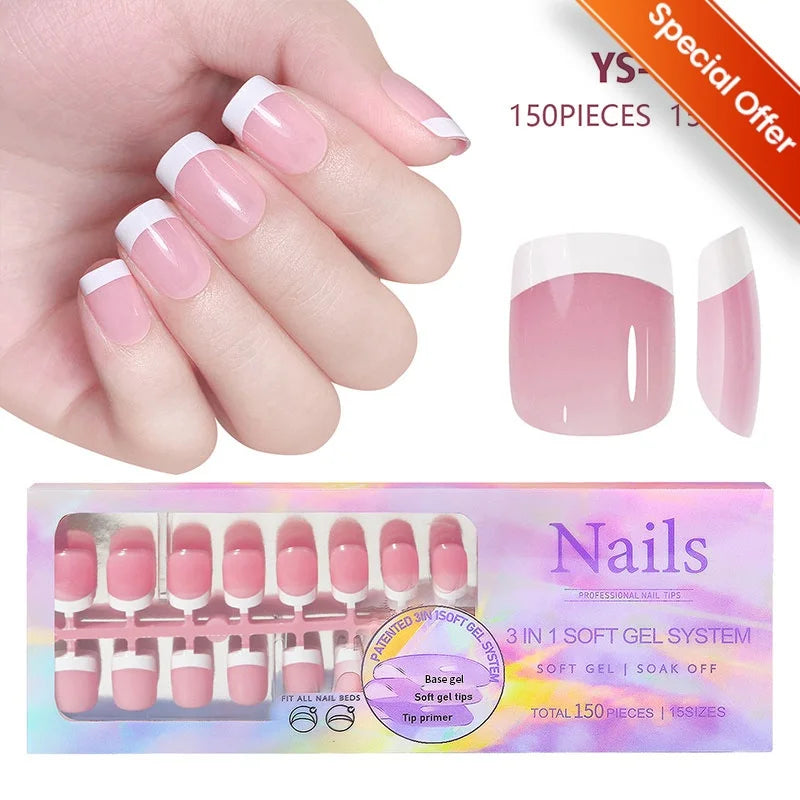 150pcs French Tip Press-On Nails 5 Colors Medium Length Square Shape With Glossy Finish False Nails Full Cover Shaped Fake Nail