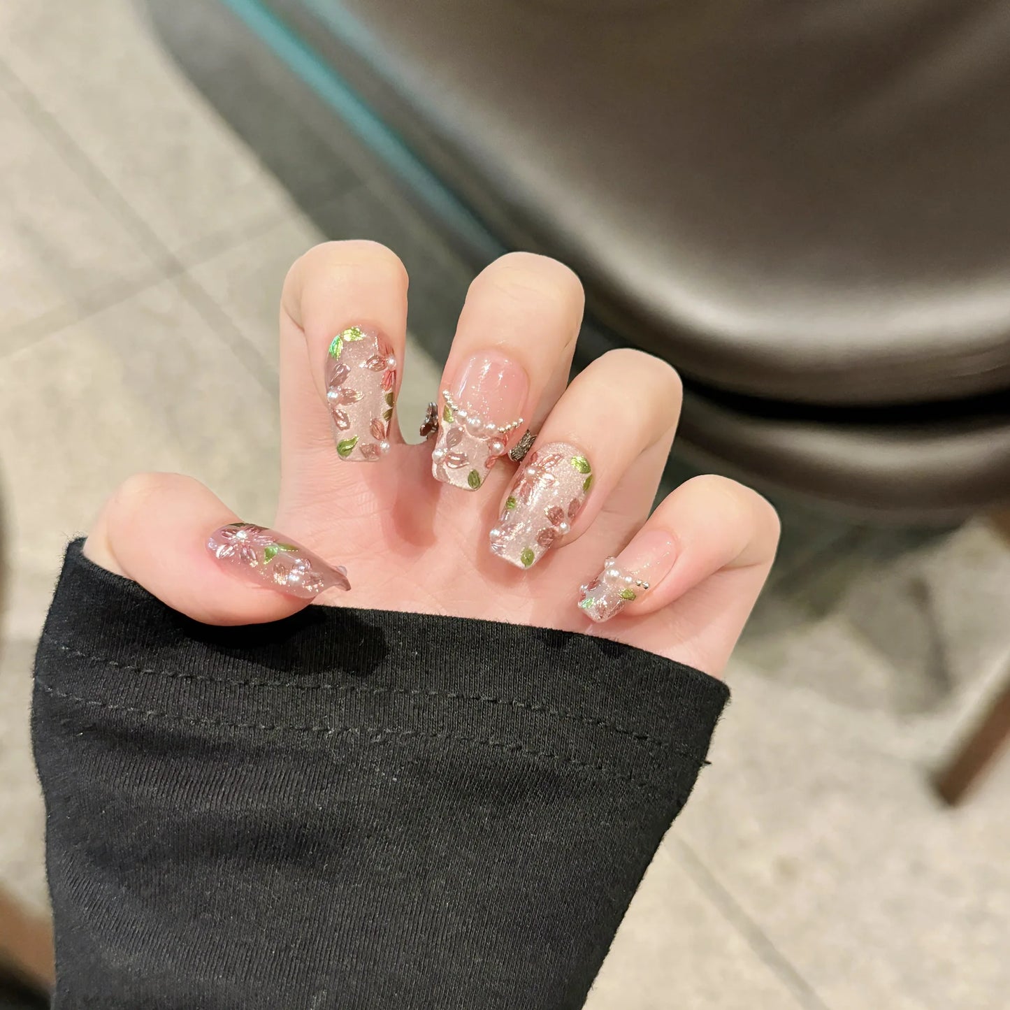 10pcs Handmade Press On Nails Hand-painted Flower Glossy Purple Cat's Eye False Nails Pearl Decor French Style Spring Fake Nail