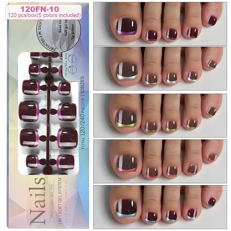 120pcs Acrylic Fake Toenails Press On Nails Full Cover French Cat Eye Short Square DIY Art For Women Girls Pedicure Tools