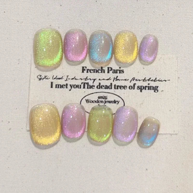 10Pcs Shiny Handmade Press on Nails Full Cover Cat Eye Colorful False Nails Short French Artificial Wearable Manicure Nail Tips