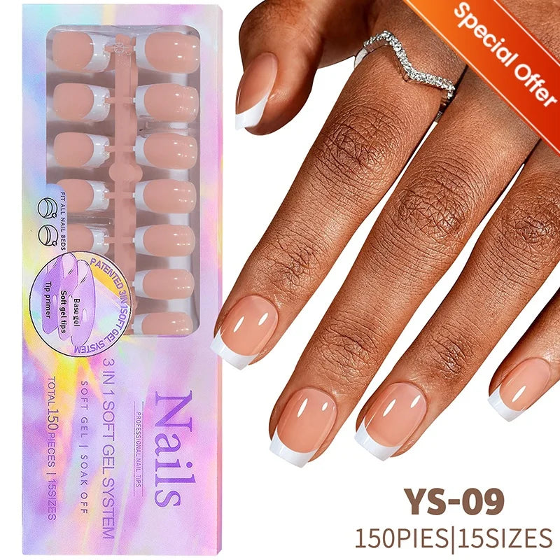 150pcs French Tip Press-On Nails 5 Colors Medium Length Square Shape With Glossy Finish False Nails Full Cover Shaped Fake Nail