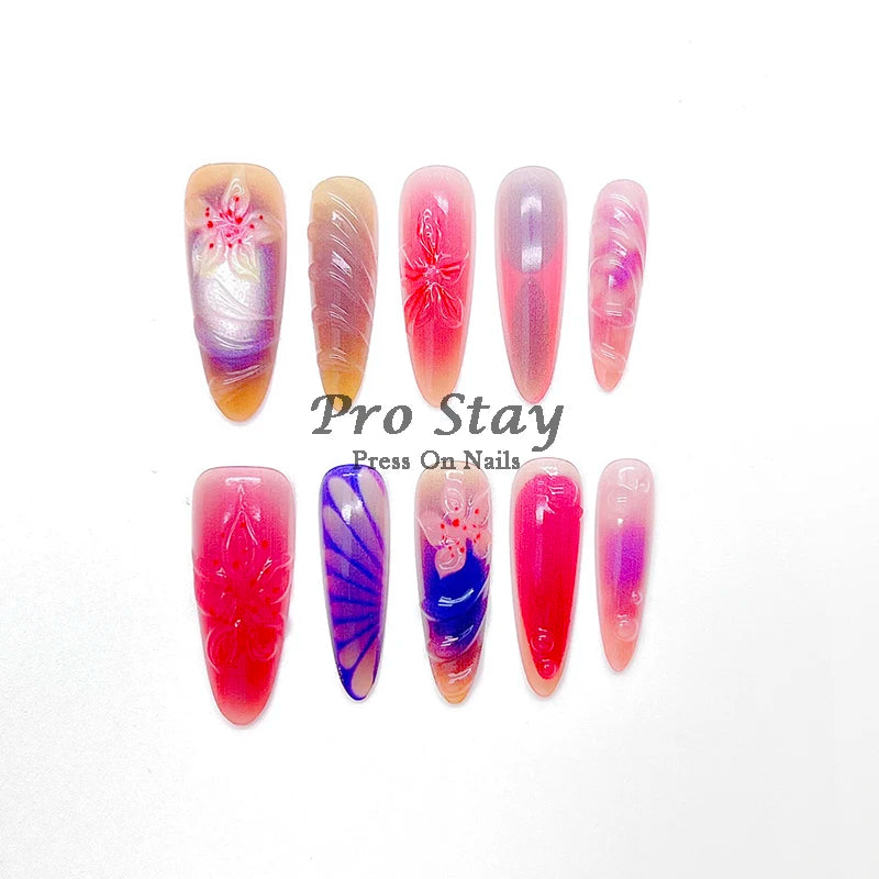 10pcs Pink Almond French  Handmade Press on Nail with Silver 3D Pearl Bow Flower Pattern Reusable Full Cover Tips for Women