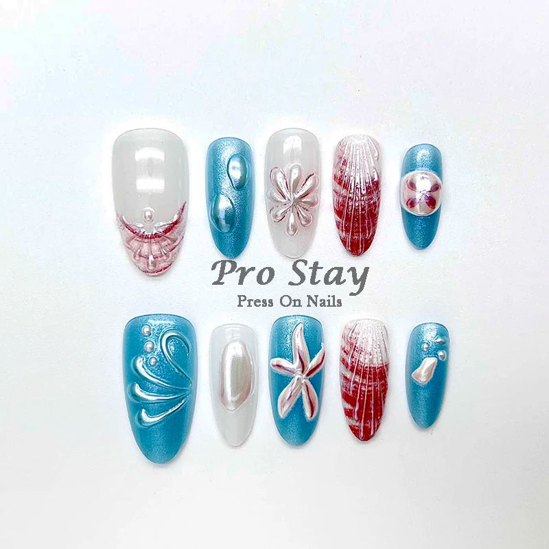 10pcs Pink Almond French  Handmade Press on Nail with Silver 3D Pearl Bow Flower Pattern Reusable Full Cover Tips for Women