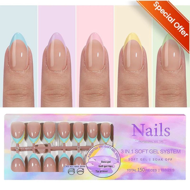 150pcs French Tip Press-On Nails 5 Colors Medium Length Square Shape With Glossy Finish False Nails Full Cover Shaped Fake Nail