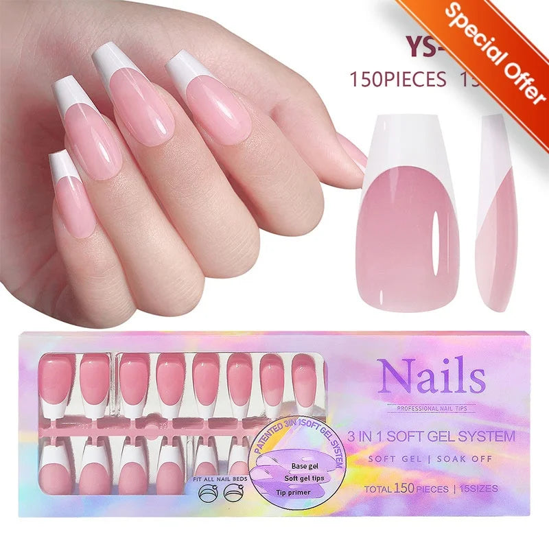 150pcs French Tip Press-On Nails 5 Colors Medium Length Square Shape With Glossy Finish False Nails Full Cover Shaped Fake Nail