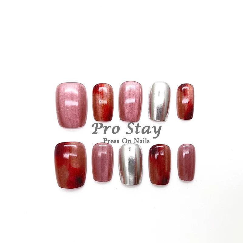 10pcs Pink Almond French  Handmade Press on Nail with Silver 3D Pearl Bow Flower Pattern Reusable Full Cover Tips for Women