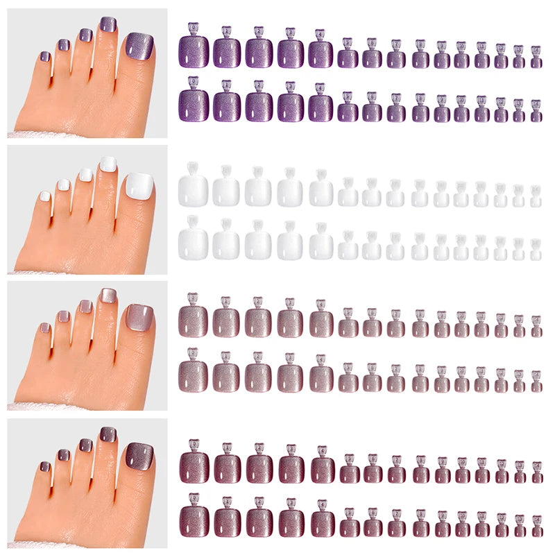 120pcs Acrylic Fake Toenails Press On Nails Full Cover French Cat Eye Short Square DIY Art For Women Girls Pedicure Tools