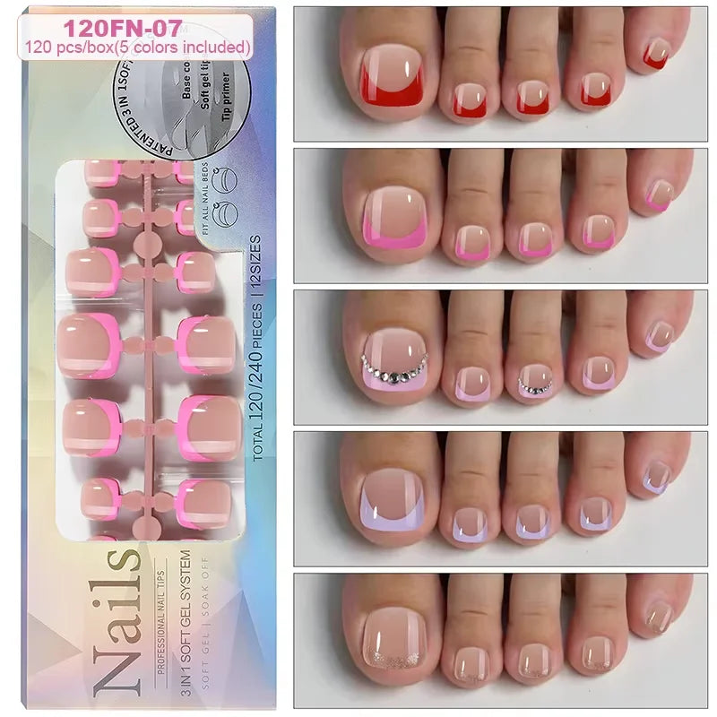 120pcs Acrylic Fake Toenails Press On Nails Full Cover French Cat Eye Short Square DIY Art For Women Girls Pedicure Tools