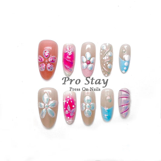 10pcs Pink Almond French  Handmade Press on Nail with Silver 3D Pearl Bow Flower Pattern Reusable Full Cover Tips for Women