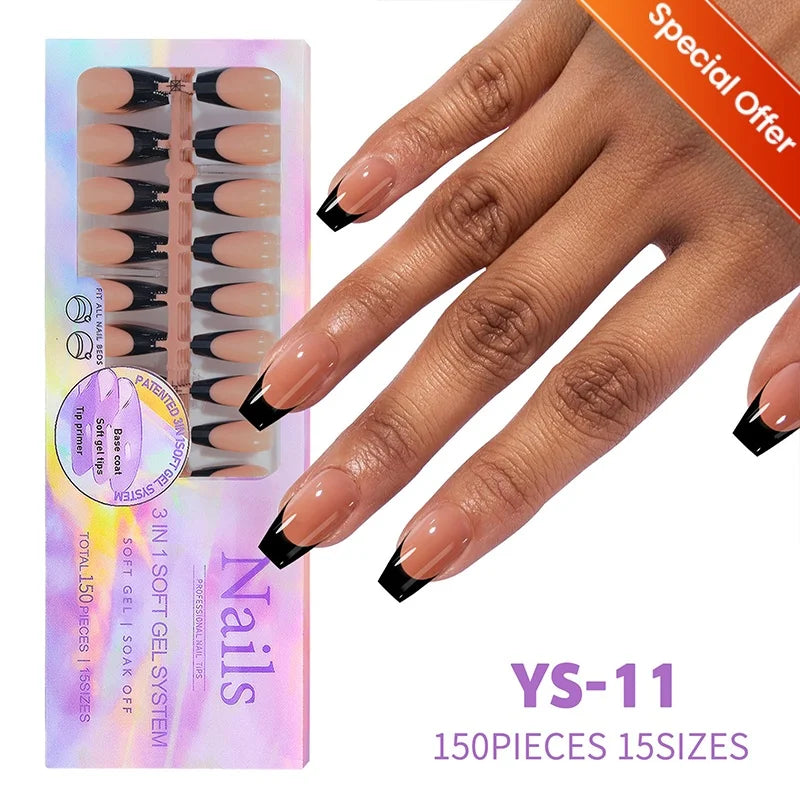 150pcs French Tip Press-On Nails 5 Colors Medium Length Square Shape With Glossy Finish False Nails Full Cover Shaped Fake Nail