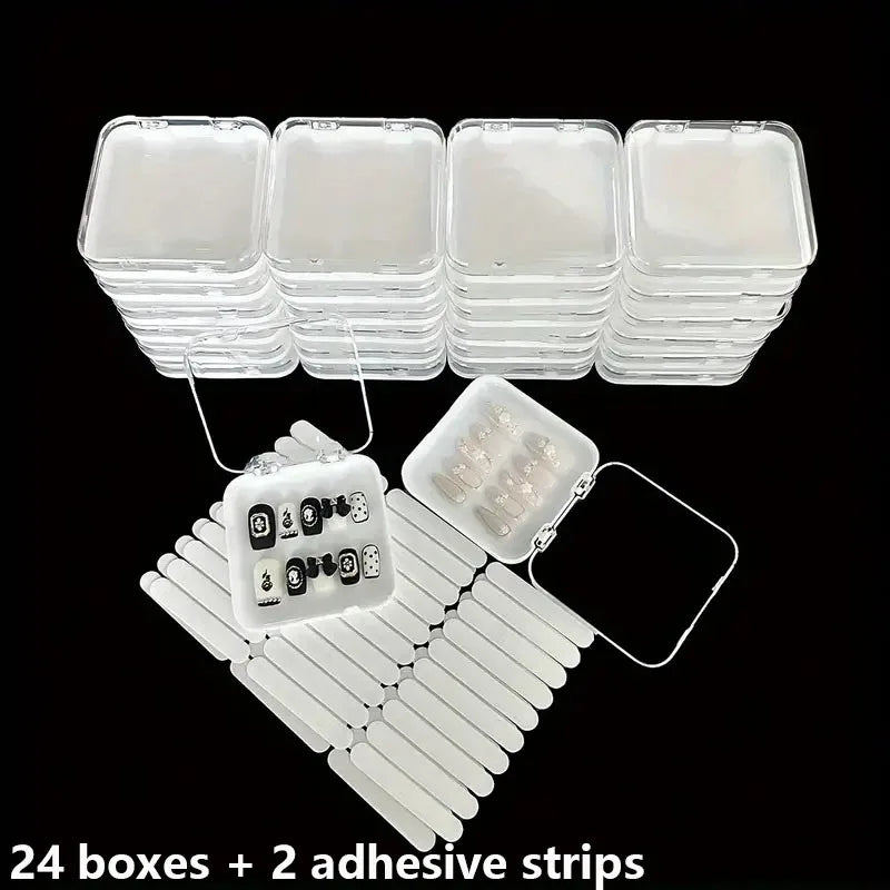 24 Pcs Press On False Nails Case Storage Box with 60pcs Double Sided Adhesive Nail Display Tape for Nail Art Home Salon Use