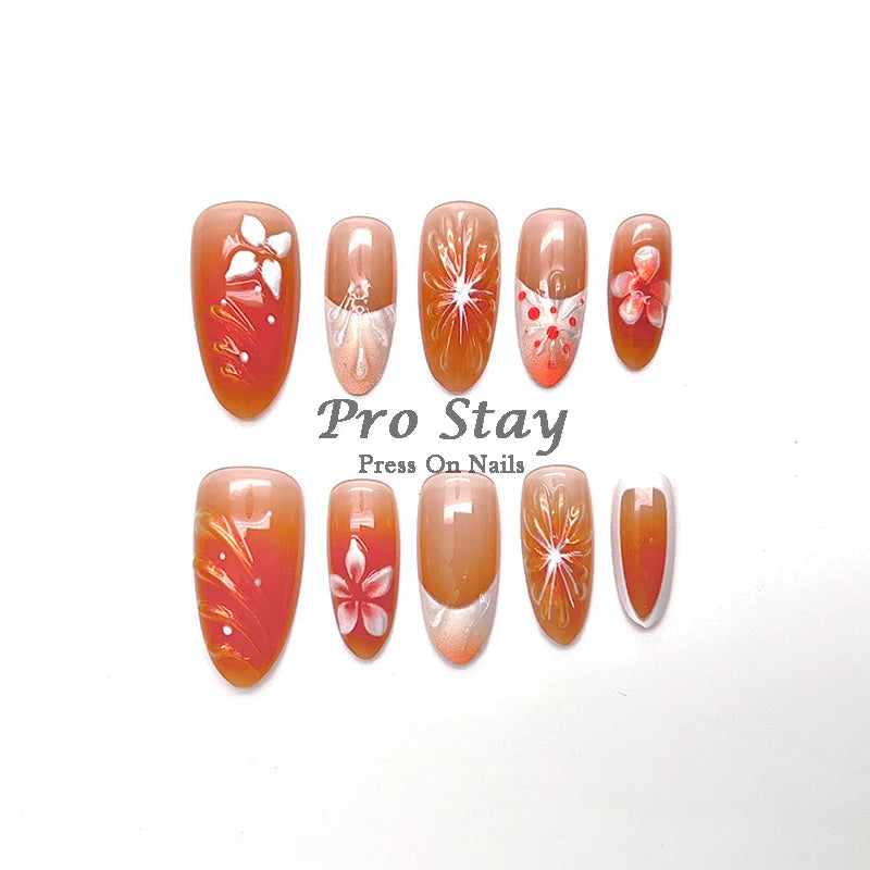 10pcs Pink Almond French  Handmade Press on Nail with Silver 3D Pearl Bow Flower Pattern Reusable Full Cover Tips for Women