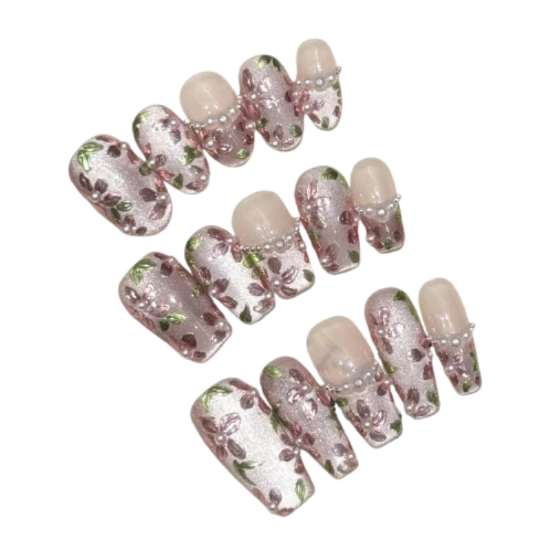 10pcs Handmade Press On Nails Hand-painted Flower Glossy Purple Cat's Eye False Nails Pearl Decor French Style Spring Fake Nail