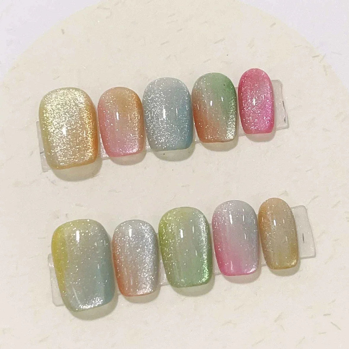 10Pcs Shiny Handmade Press on Nails Full Cover Cat Eye Colorful False Nails Short French Artificial Wearable Manicure Nail Tips