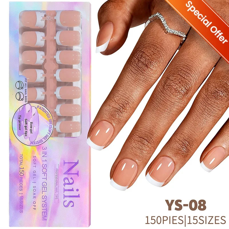 150pcs French Tip Press-On Nails 5 Colors Medium Length Square Shape With Glossy Finish False Nails Full Cover Shaped Fake Nail
