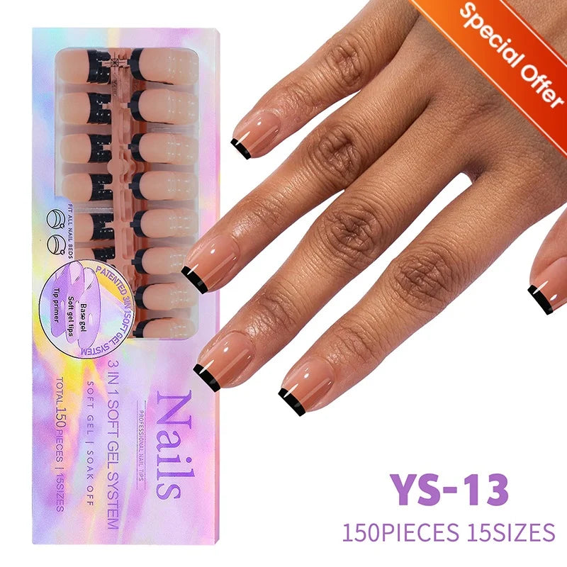 150pcs French Tip Press-On Nails 5 Colors Medium Length Square Shape With Glossy Finish False Nails Full Cover Shaped Fake Nail