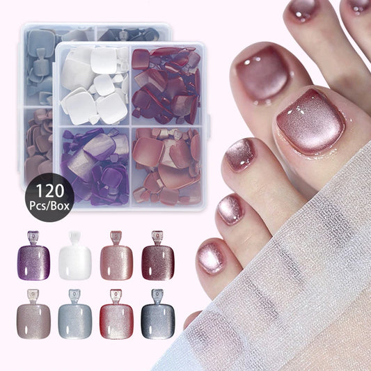 120pcs Acrylic Fake Toenails Press On Nails Full Cover French Cat Eye Short Square DIY Art For Women Girls Pedicure Tools