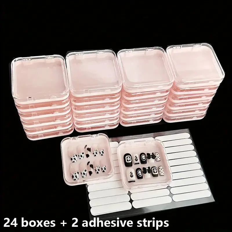24 Pcs Press On False Nails Case Storage Box with 60pcs Double Sided Adhesive Nail Display Tape for Nail Art Home Salon Use