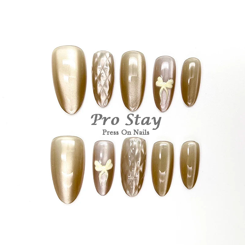 10pcs Pink Almond French  Handmade Press on Nail with Silver 3D Pearl Bow Flower Pattern Reusable Full Cover Tips for Women