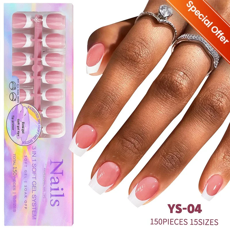 150pcs French Tip Press-On Nails 5 Colors Medium Length Square Shape With Glossy Finish False Nails Full Cover Shaped Fake Nail