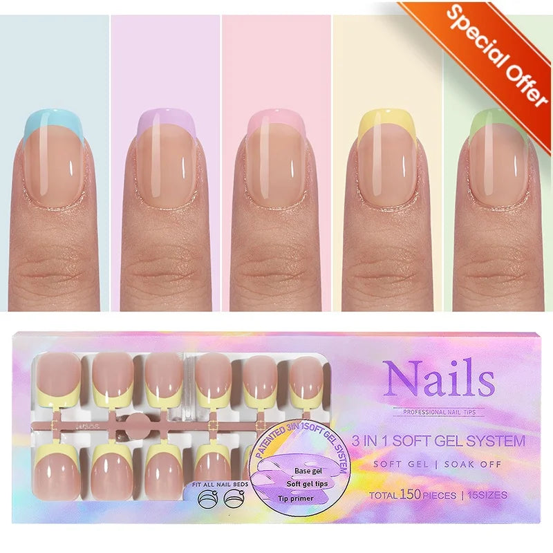 150pcs French Tip Press-On Nails 5 Colors Medium Length Square Shape With Glossy Finish False Nails Full Cover Shaped Fake Nail