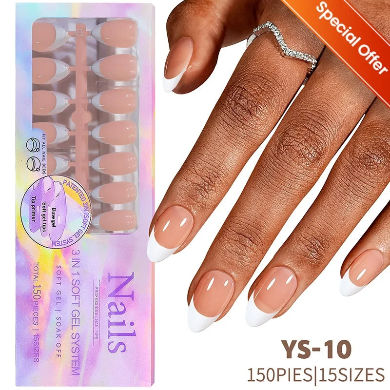 150pcs French Tip Press-On Nails 5 Colors Medium Length Square Shape With Glossy Finish False Nails Full Cover Shaped Fake Nail