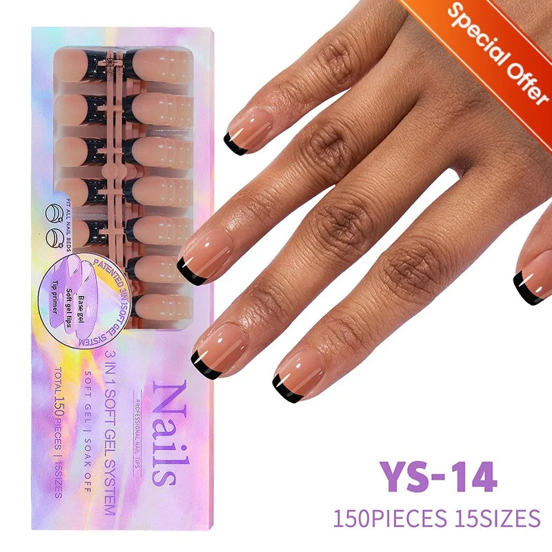 150pcs French Tip Press-On Nails 5 Colors Medium Length Square Shape With Glossy Finish False Nails Full Cover Shaped Fake Nail