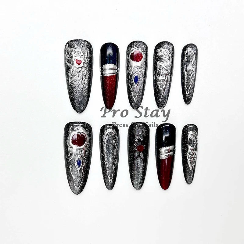 10pcs Pink Almond French  Handmade Press on Nail with Silver 3D Pearl Bow Flower Pattern Reusable Full Cover Tips for Women