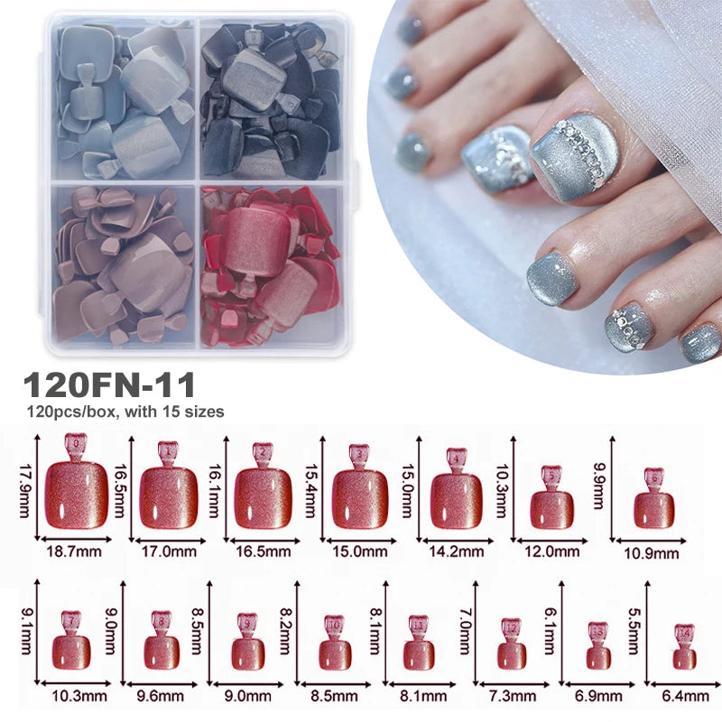 120pcs Acrylic Fake Toenails Press On Nails Full Cover French Cat Eye Short Square DIY Art For Women Girls Pedicure Tools