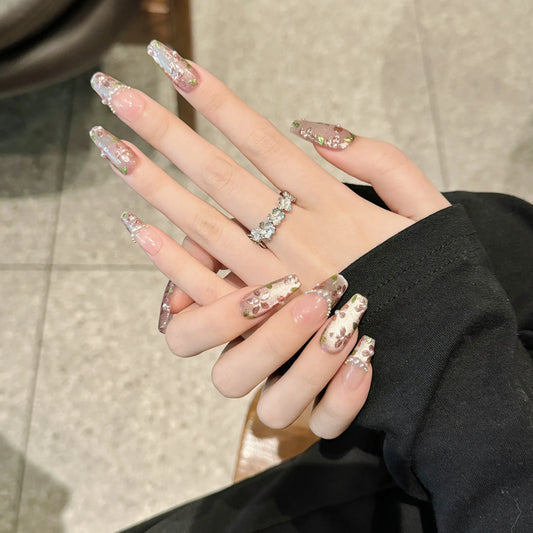 10pcs Handmade Press On Nails Hand-painted Flower Glossy Purple Cat's Eye False Nails Pearl Decor French Style Spring Fake Nail