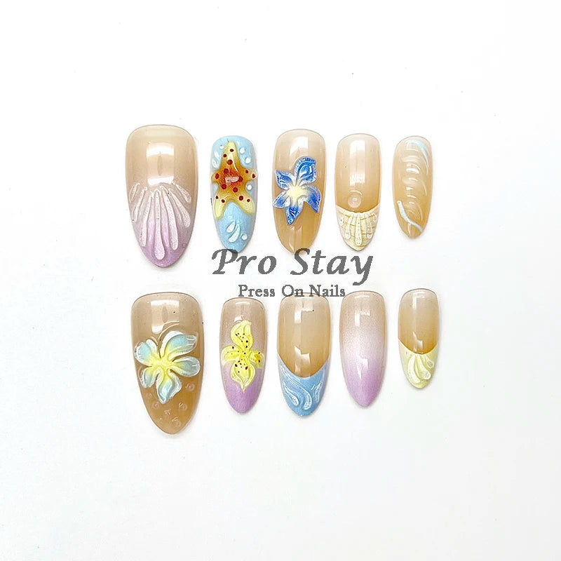 10pcs Pink Almond French  Handmade Press on Nail with Silver 3D Pearl Bow Flower Pattern Reusable Full Cover Tips for Women