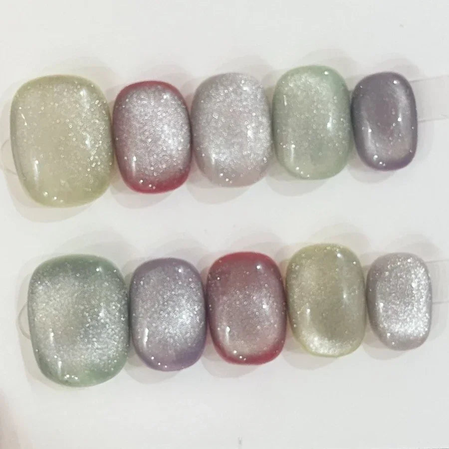 10Pcs Shiny Handmade Press on Nails Full Cover Cat Eye Colorful False Nails Short French Artificial Wearable Manicure Nail Tips