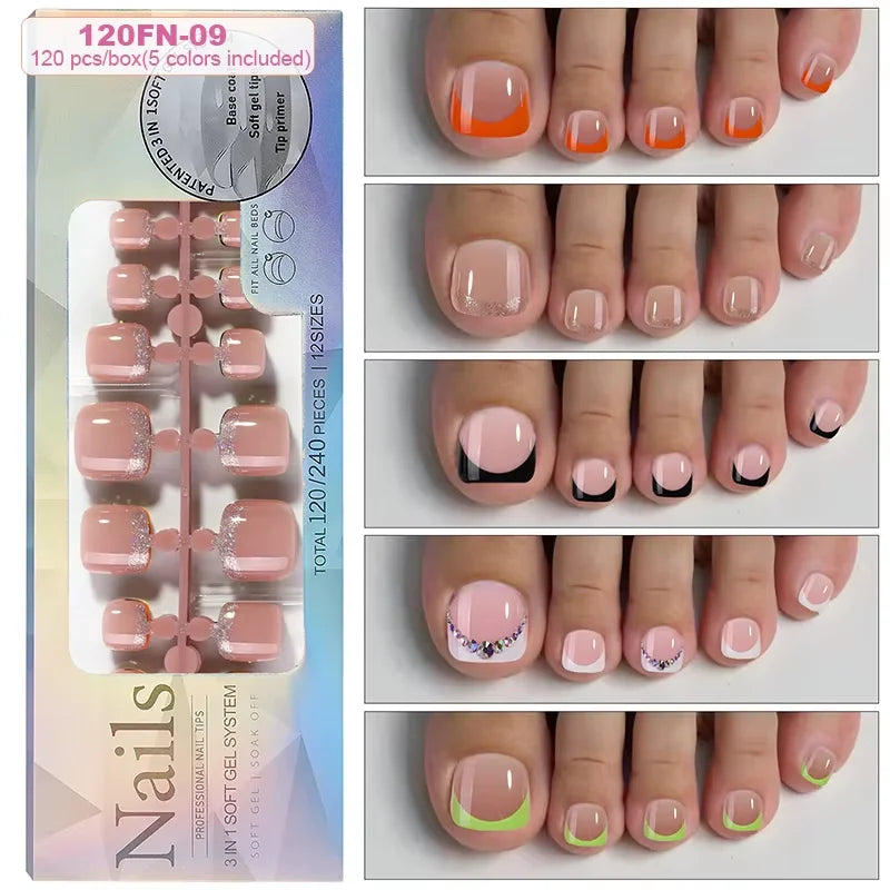 120pcs Acrylic Fake Toenails Press On Nails Full Cover French Cat Eye Short Square DIY Art For Women Girls Pedicure Tools