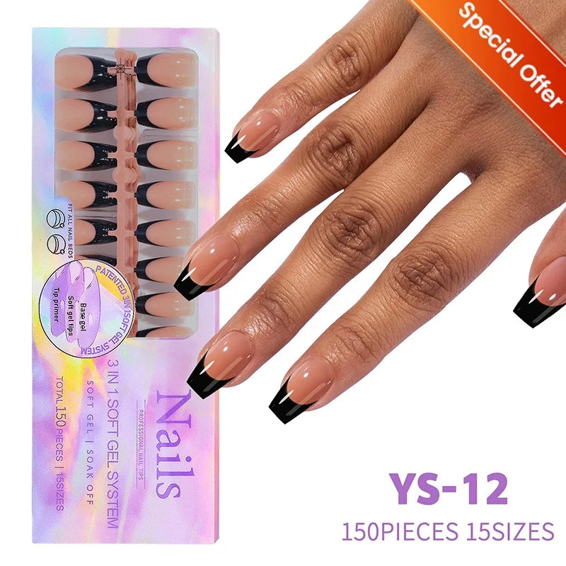 150pcs French Tip Press-On Nails 5 Colors Medium Length Square Shape With Glossy Finish False Nails Full Cover Shaped Fake Nail
