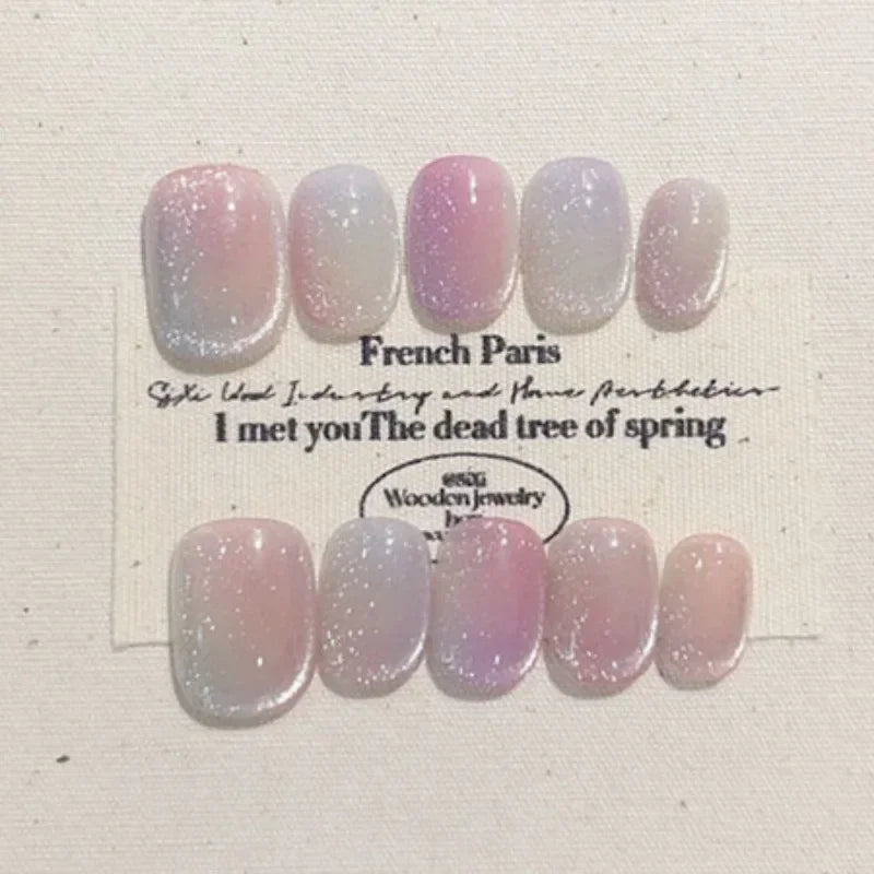 10Pcs Shiny Handmade Press on Nails Full Cover Cat Eye Colorful False Nails Short French Artificial Wearable Manicure Nail Tips