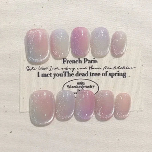 10Pcs Shiny Handmade Press on Nails Full Cover Cat Eye Colorful False Nails Short French Artificial Wearable Manicure Nail Tips