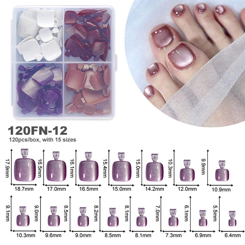 120pcs Acrylic Fake Toenails Press On Nails Full Cover French Cat Eye Short Square DIY Art For Women Girls Pedicure Tools