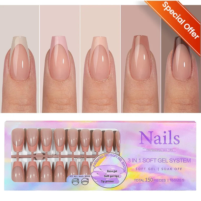 150pcs French Tip Press-On Nails 5 Colors Medium Length Square Shape With Glossy Finish False Nails Full Cover Shaped Fake Nail