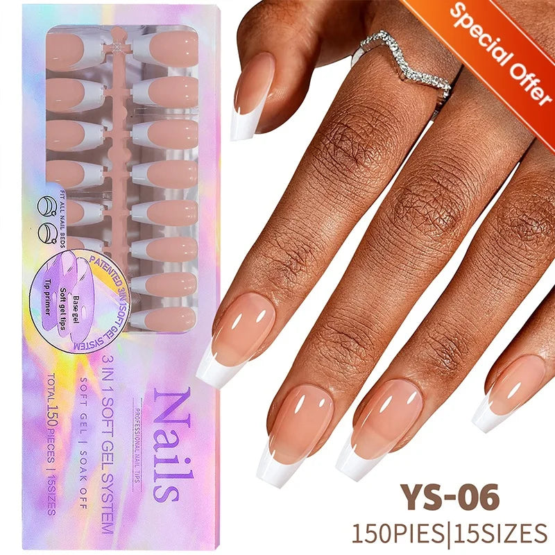 150pcs French Tip Press-On Nails 5 Colors Medium Length Square Shape With Glossy Finish False Nails Full Cover Shaped Fake Nail