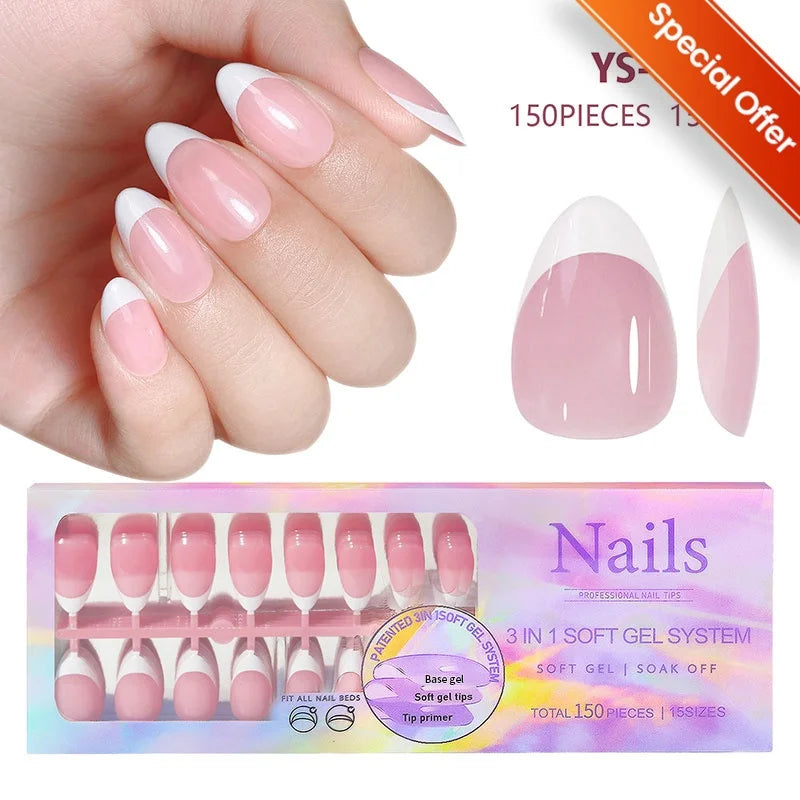 150pcs French Tip Press-On Nails 5 Colors Medium Length Square Shape With Glossy Finish False Nails Full Cover Shaped Fake Nail