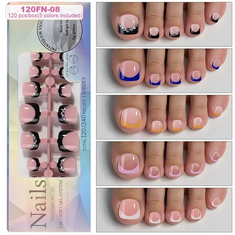 120pcs Acrylic Fake Toenails Press On Nails Full Cover French Cat Eye Short Square DIY Art For Women Girls Pedicure Tools