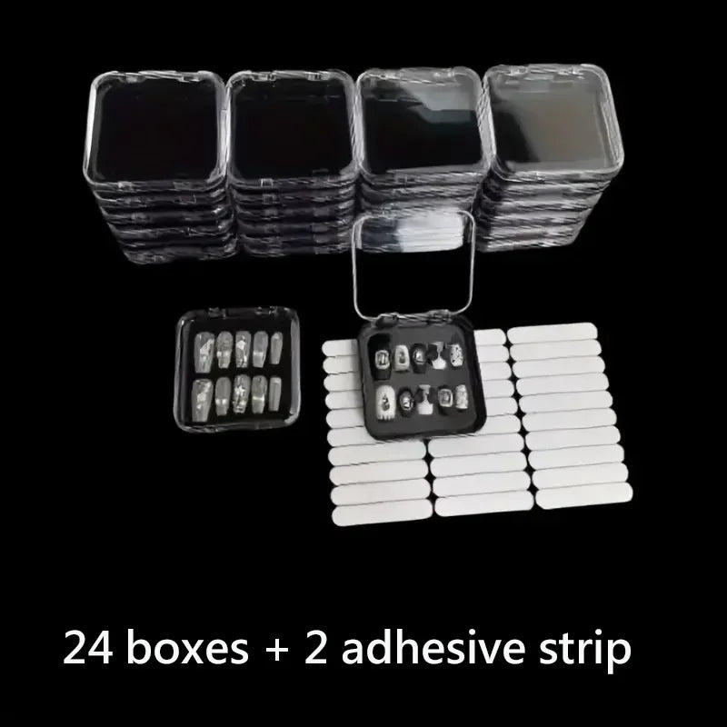 24 Pcs Press On False Nails Case Storage Box with 60pcs Double Sided Adhesive Nail Display Tape for Nail Art Home Salon Use
